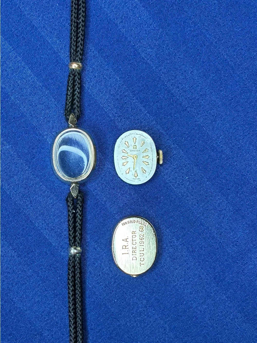 Omega Ladies 14k GF Oval Watch with Black Cord Strap